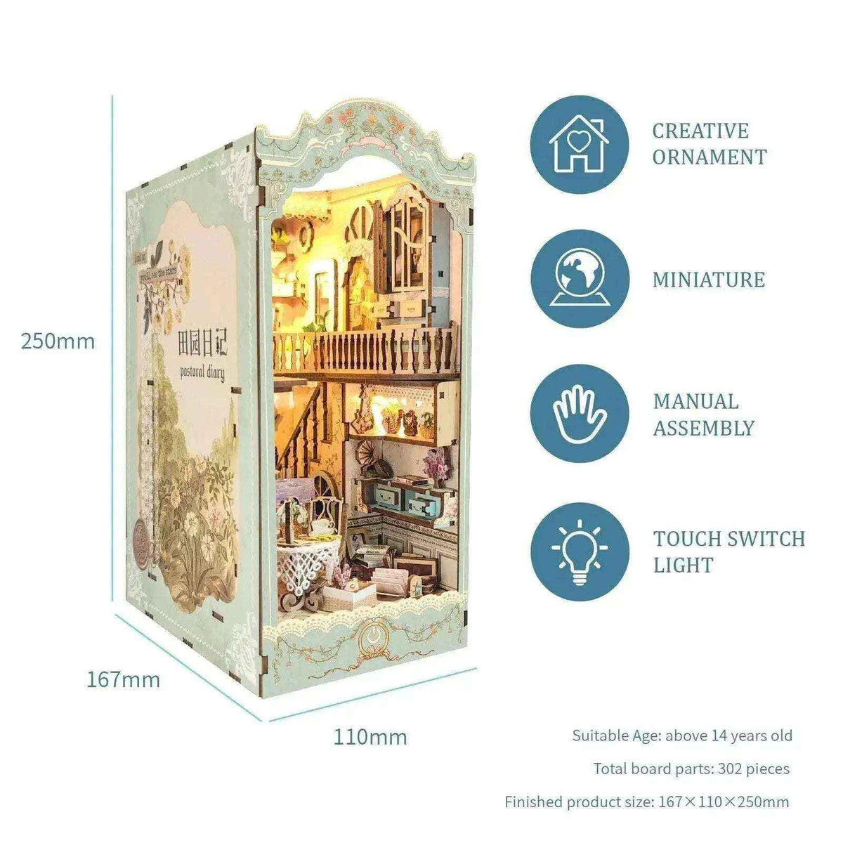Pastoral cottage book nook size diagram with assembly and lighting feature icons.