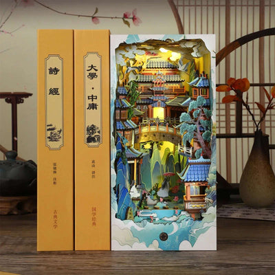 Penglai Wonderland book nook with yellow covers and tiered pavilions rising above clouds.