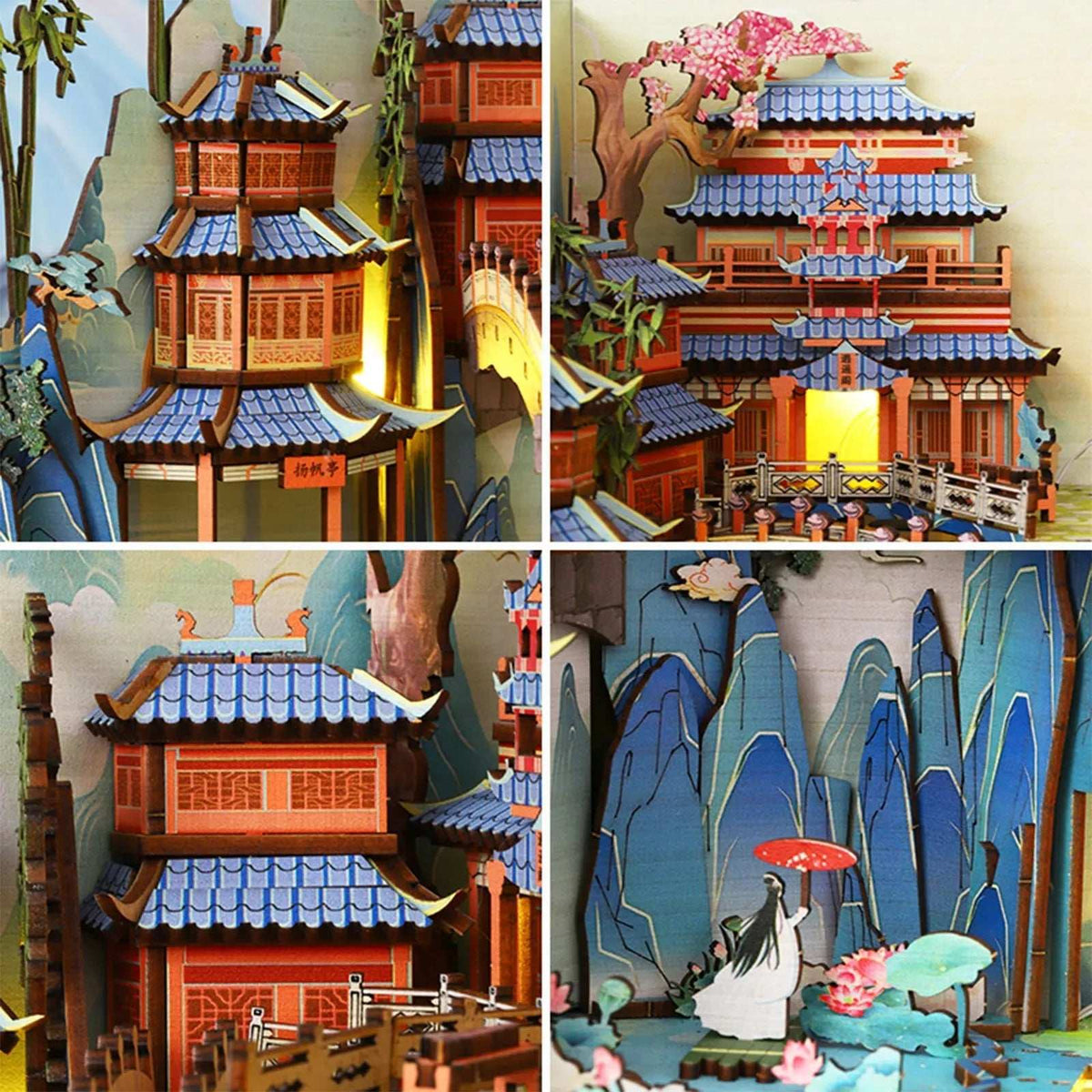 Penglai Wonderland detail collage showing blue-roofed pavilions, flowering trees and tiny figures.