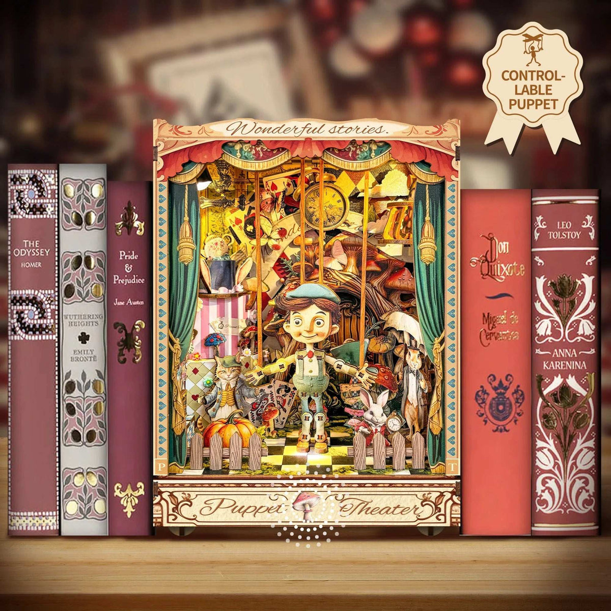 Puppet Theater book nook between books with a colorful miniature stage and puppet figures.