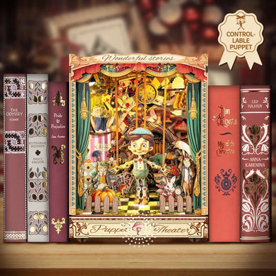 Puppet Theater book nook between books with a colorful miniature stage and puppet figures.