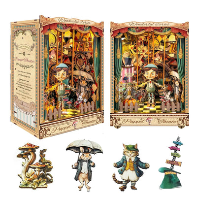 Puppet Theater shown from two angles with individual character cutouts below.