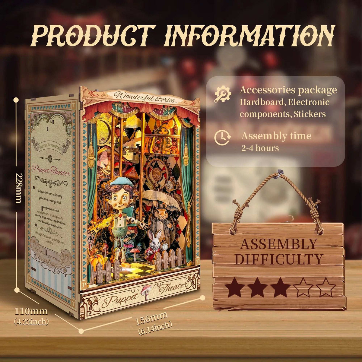 Puppet Theater specification diagram showing dimensions and assembly information.