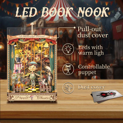 Puppet Theater book nook with callouts for the clear cover, warm lighting and controllable puppet.