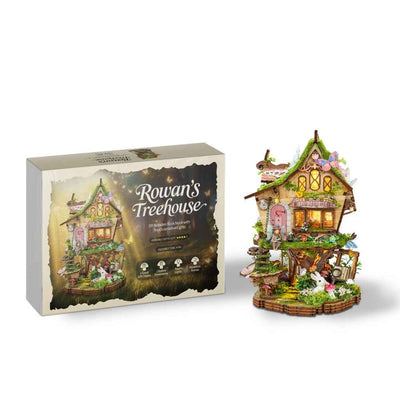 Rowan's Treehouse model beside its illustrated kit box.