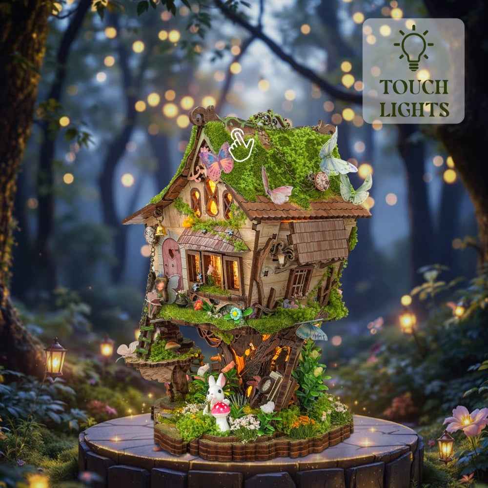 Rowan's Treehouse with warm-lit windows and a touch-lighting symbol above its moss-like roof.