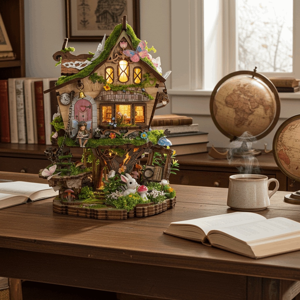 Rowan's Treehouse displayed on a desk beside books, a globe and a cup.