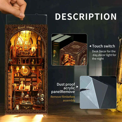 Royal Seamer book nook with a hand lifting its clear cover and a touch-switch inset.