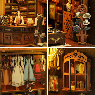 Royal Seamer details showing tailors at a counter, miniature dresses and spools of thread.