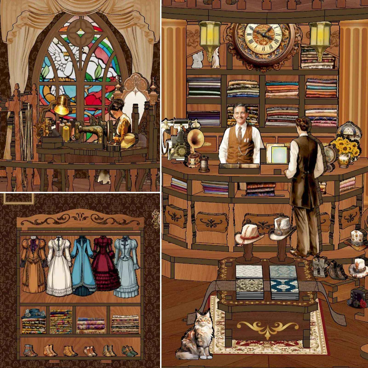 Royal Seamer miniature shop interior with a stained-glass-style window, counter, dress display and sewing accessories.