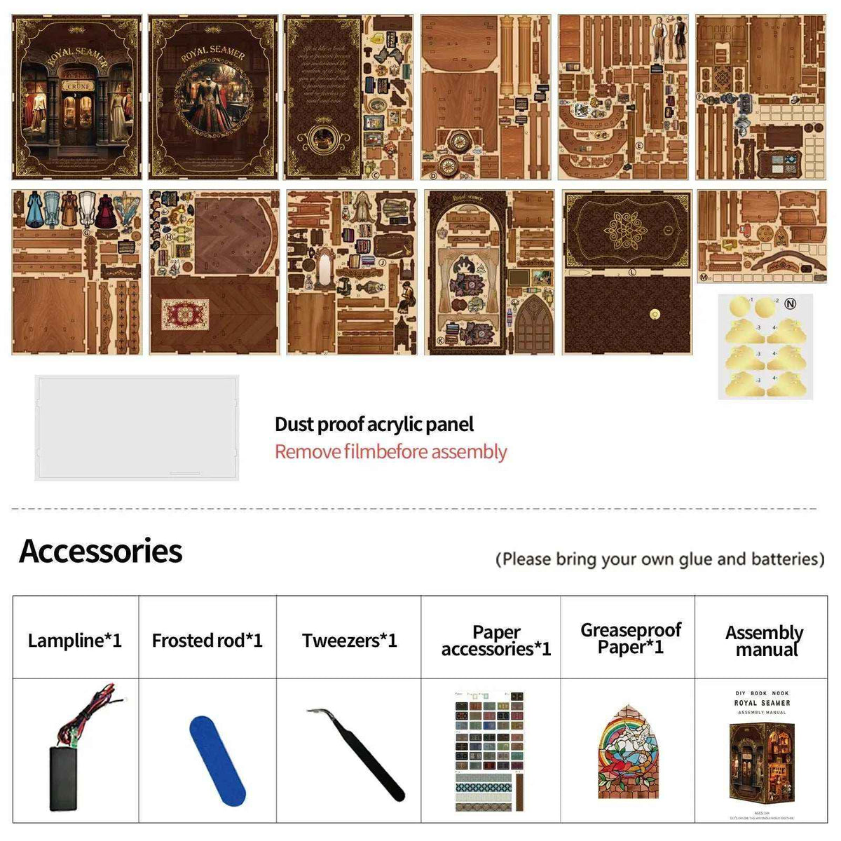 Royal Seamer kit panels and accessories laid out beside an illustrated contents list.