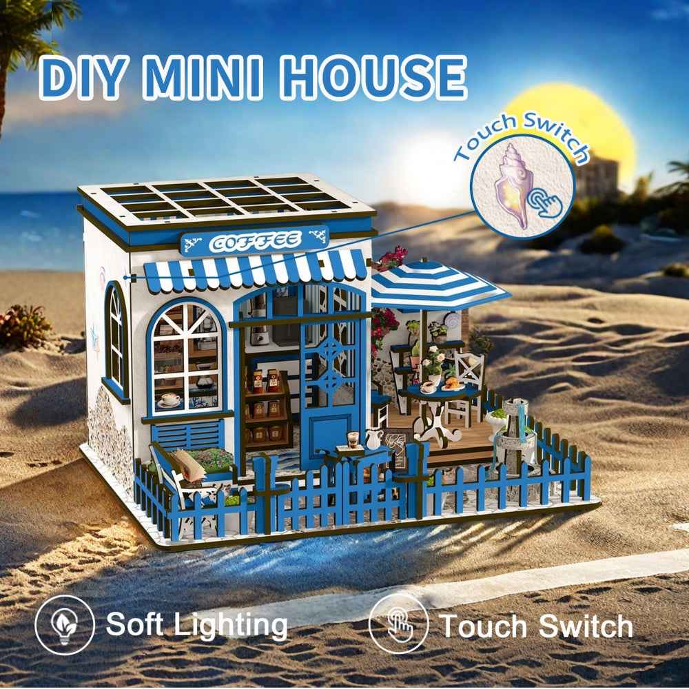 Santorini Sun Coffee model in a beach setting with lighting-control callouts.