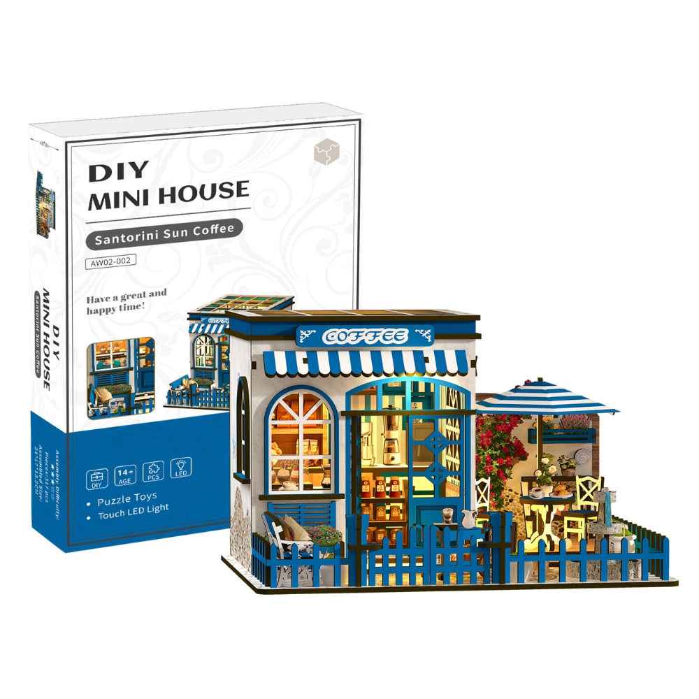 Santorini Sun Coffee miniature café beside its illustrated kit box.