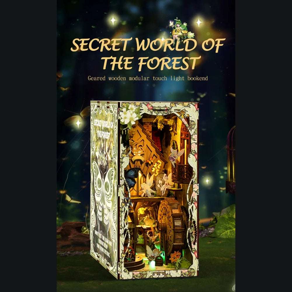 Secret World of the Forest book nook illuminated beneath string lights against a dark background.