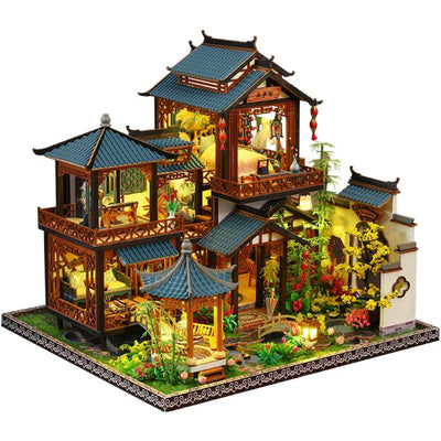 Angled Serenade of the Orchid Garden with bamboo, a pavilion and tiered miniature rooms.