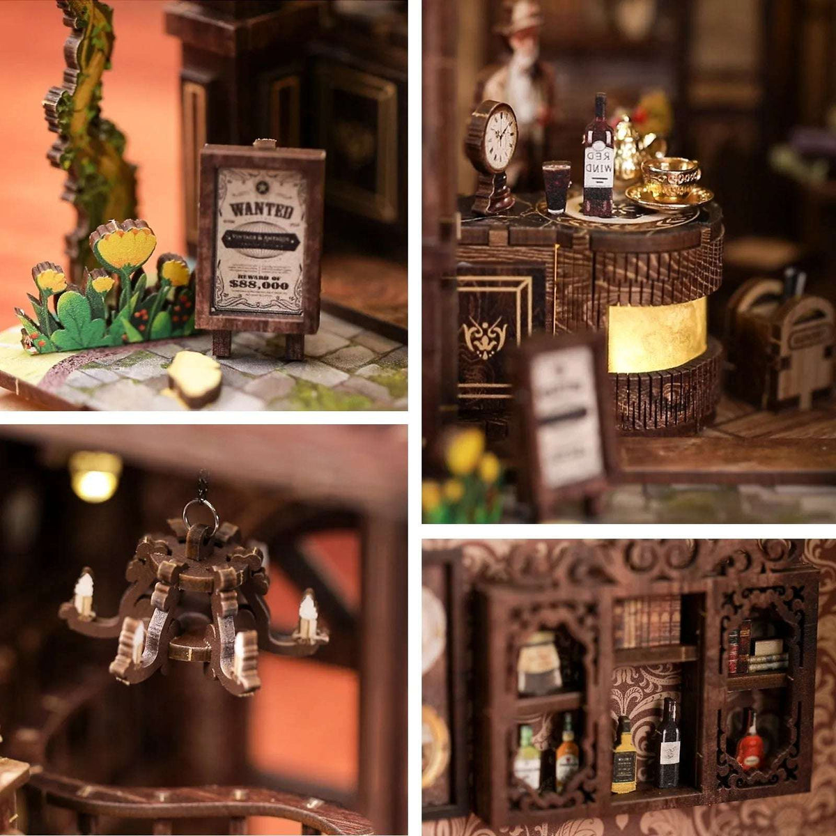 Serenity Coffee House details with a cactus, wanted poster, miniature counter and seated figure.