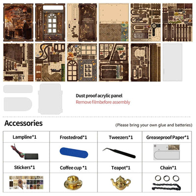 Serenity Coffee House kit panels and accessories displayed with an illustrated contents list.