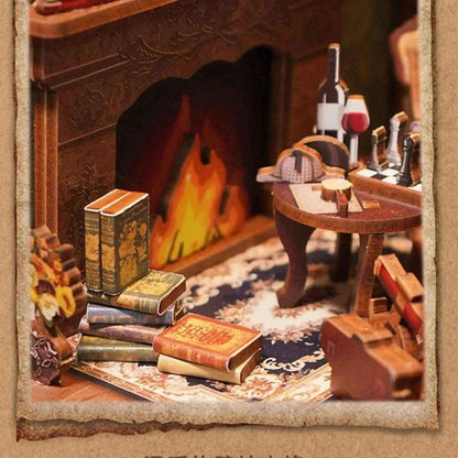 Sherlock Holmes 221B Baker Street DIY Book Nook Kit, fireplace details, books, coffee table