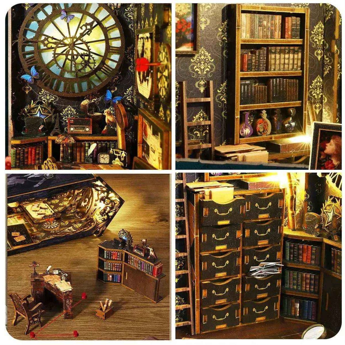 Sherlock Holmes book nook details showing the round window, bookcases, desk and miniature drawers.