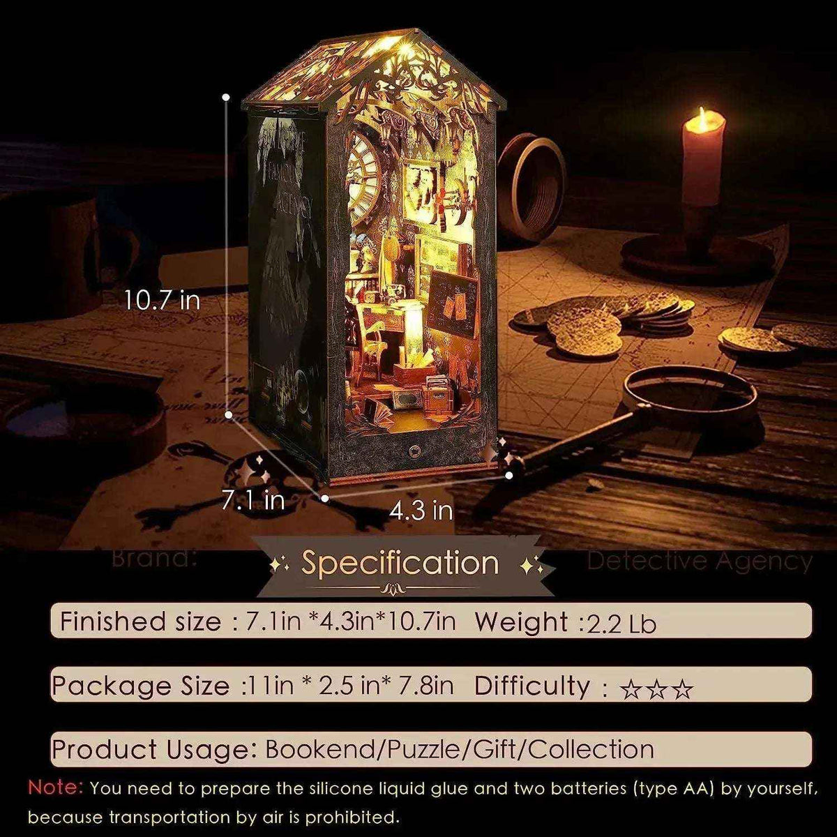 Sherlock Holmes Detective Agency book nook with its finished dimensions and product specifications.
