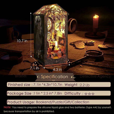Sherlock Holmes Detective Agency book nook with its finished dimensions and product specifications.