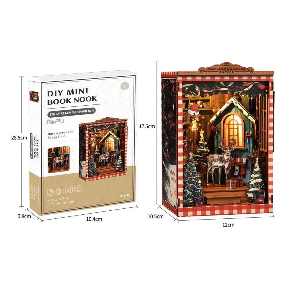 Snow Realm Wei Pavilion model and kit-box dimension diagrams.