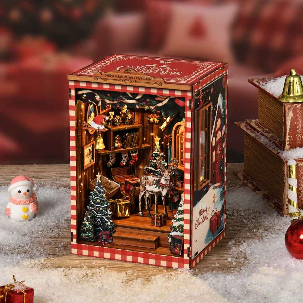 Snow Realm Wei Pavilion book nook with red checked trim and a miniature Christmas room.