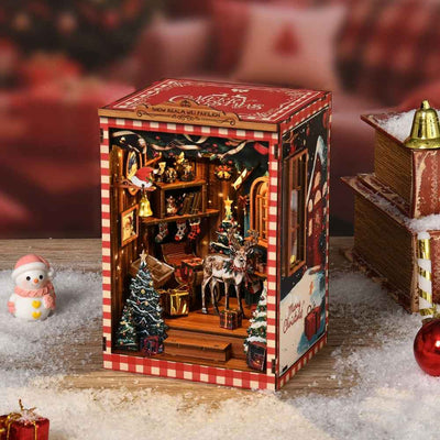 Snow Realm Wei Pavilion book nook with red checked trim and a miniature Christmas room.