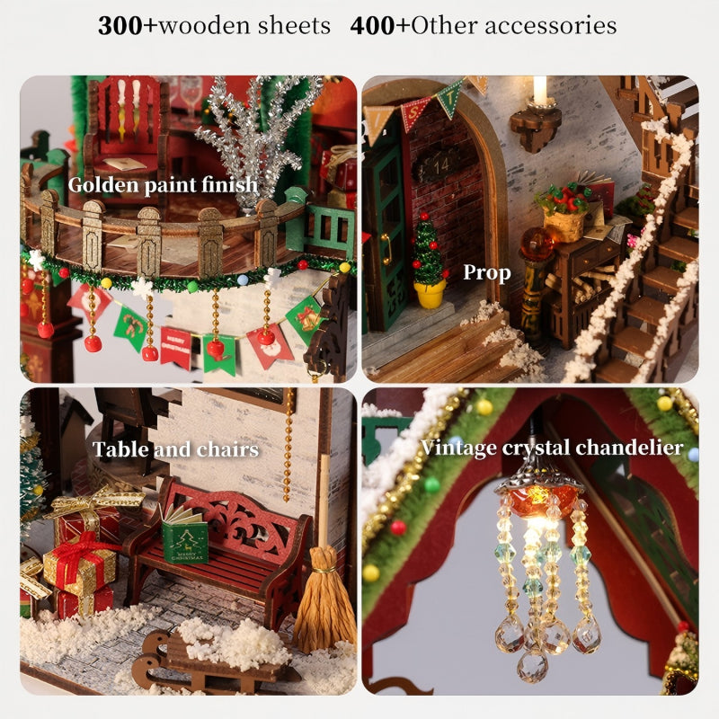 Snowy Christmas Lodge details showing miniature furniture, decorations and a crystal-style chandelier.