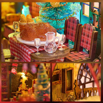 Songs of the Snowy Night details showing a checkered dining table, Christmas tree and festive room.