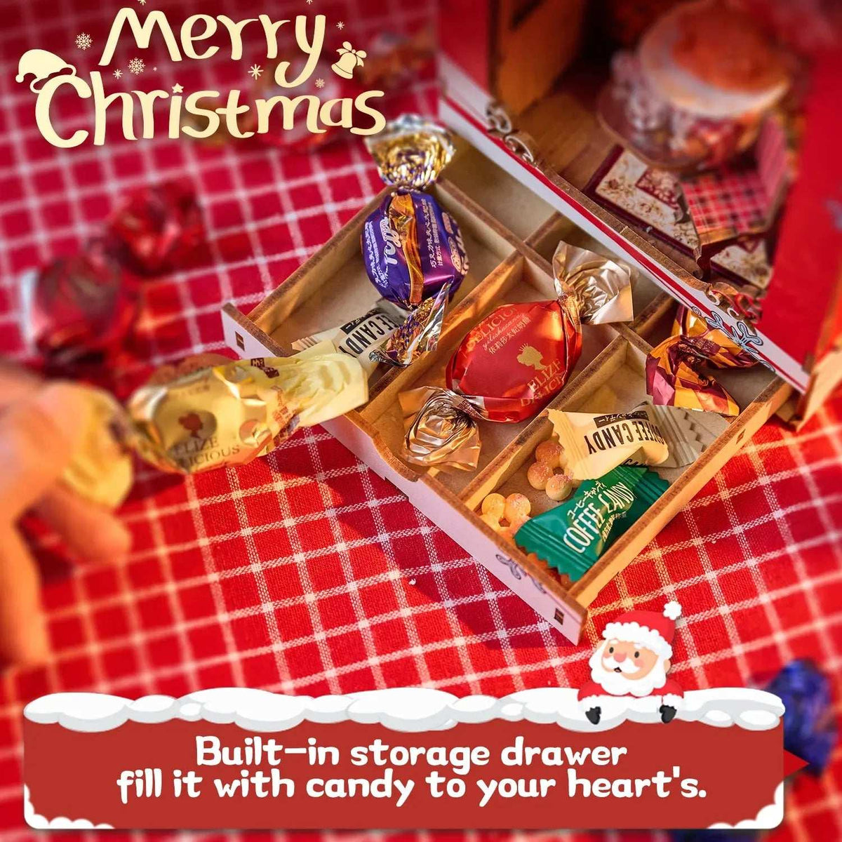 Songs of the Snowy Night storage drawer filled with wrapped candies in a demonstration photo.