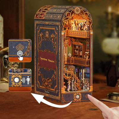 Spacetime Museum book nook with callouts showing its front touch controls and opening cover.