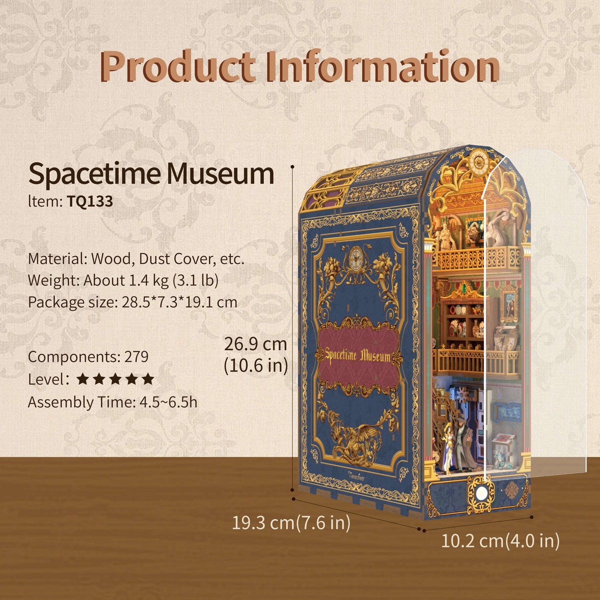 Spacetime Museum specification card with finished dimensions and assembly information.