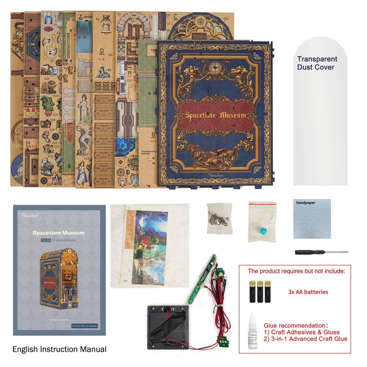 Spacetime Museum kit panels, instruction booklet, lighting components and clear cover arranged together.