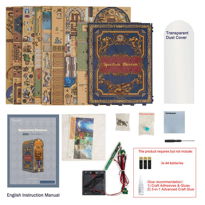 Spacetime Museum kit panels, instruction booklet, lighting components and clear cover arranged together.