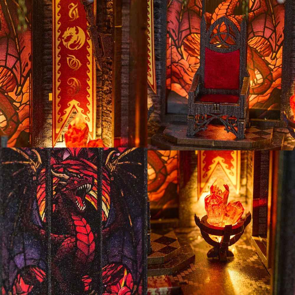 Spire of the Wyrm details showing dragon-patterned windows, a hanging banner and glowing brazier.