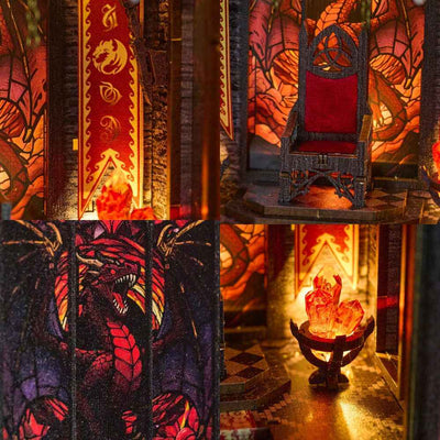 Spire of the Wyrm details showing dragon-patterned windows, a hanging banner and glowing brazier.