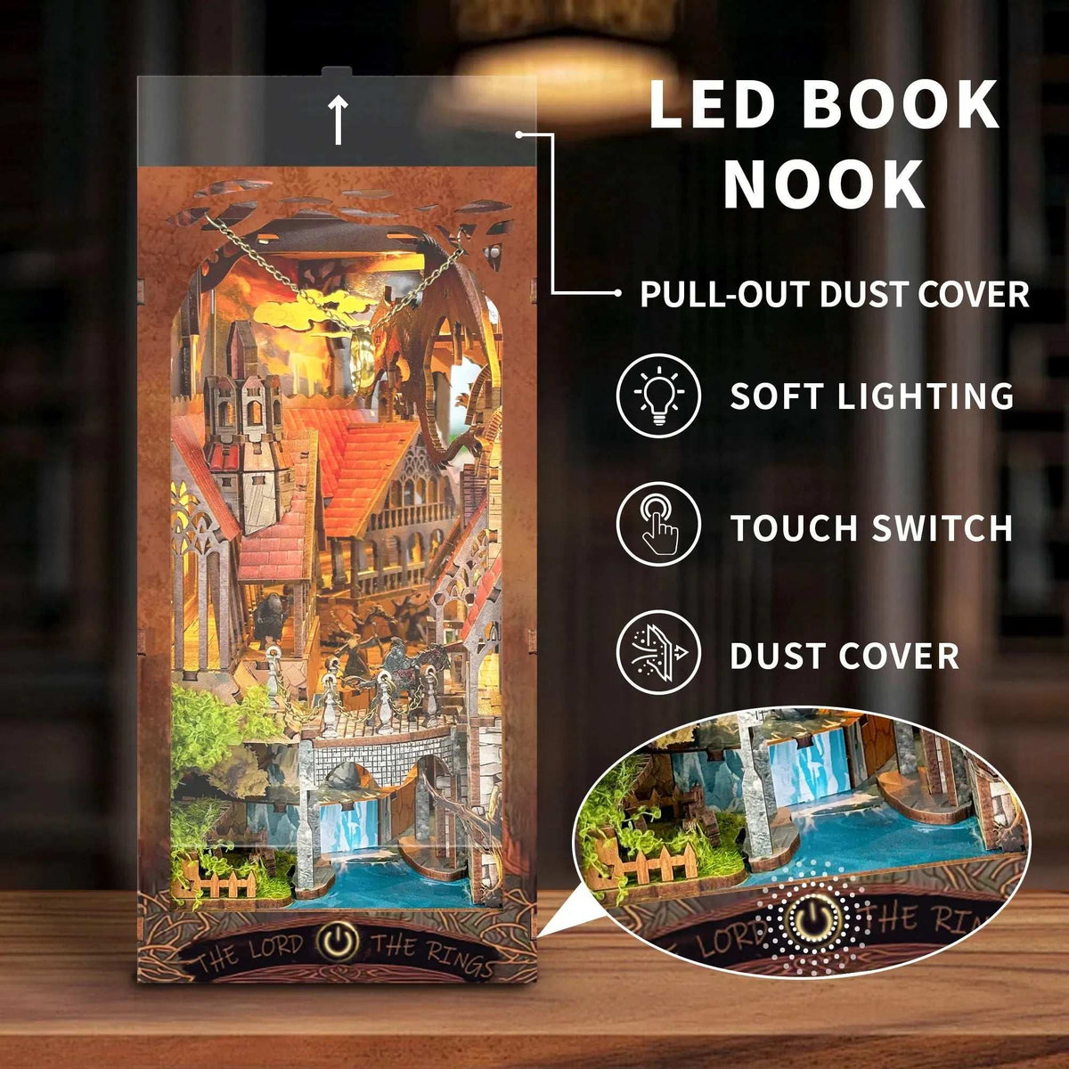Spirit Valley of the Magic Ring with callouts for the clear cover and touch-controlled lighting.