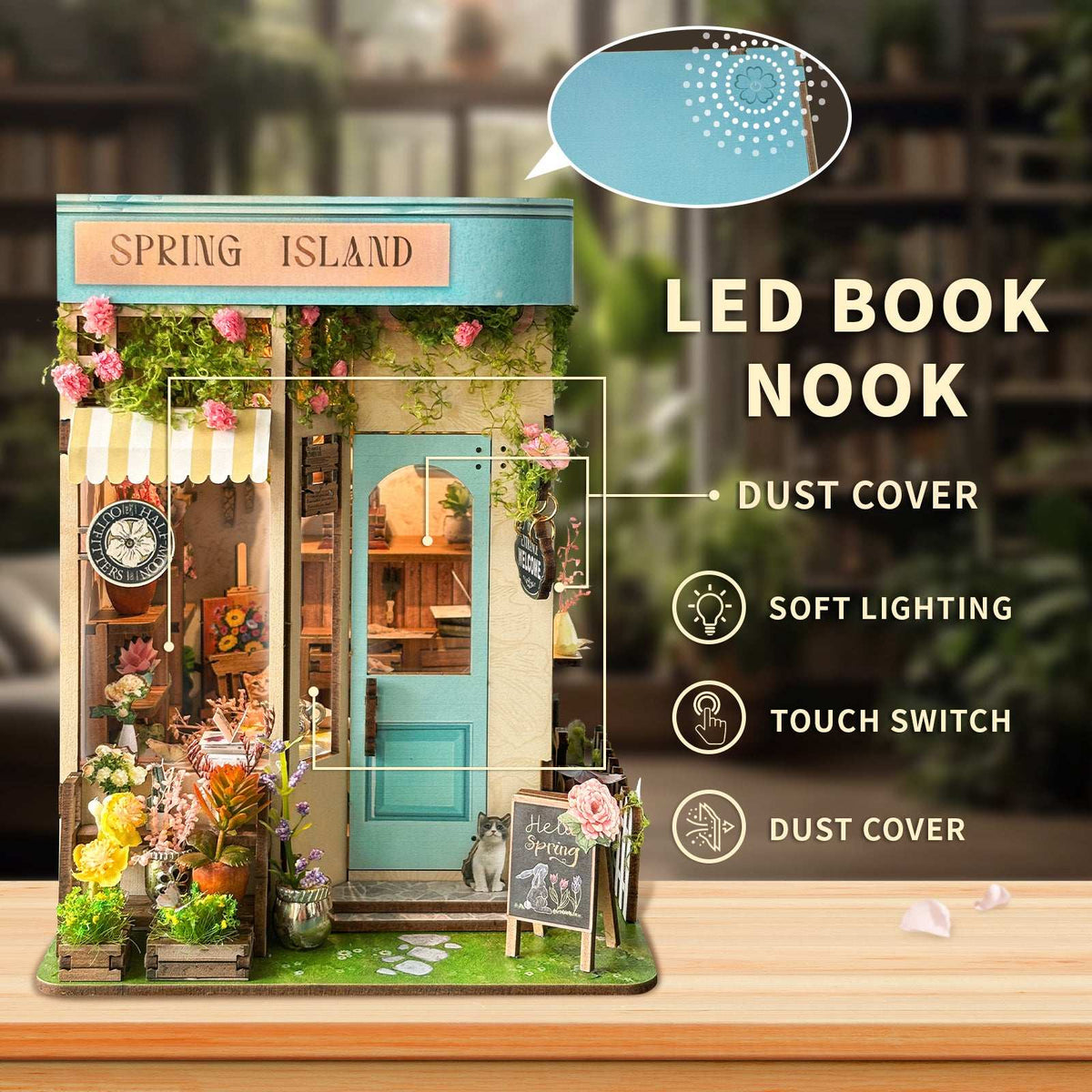 Spring Island book nook with callouts for the clear cover, lighting and touch switch.