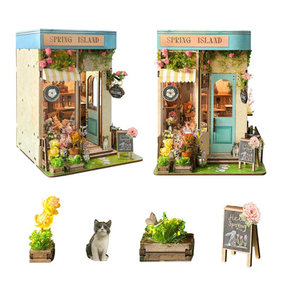 Spring Island book nook from two angles with a miniature cat, flowers and pavement sign below.