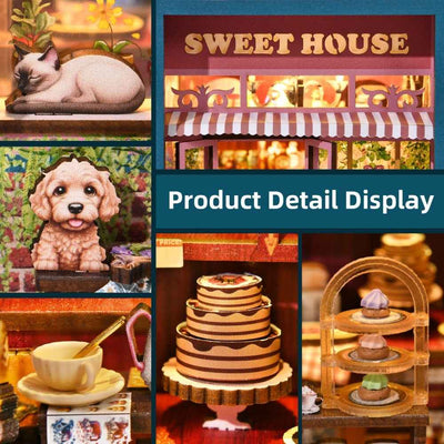 Sweet House details showing miniature pets, cakes, cups and a tiered pastry stand.
