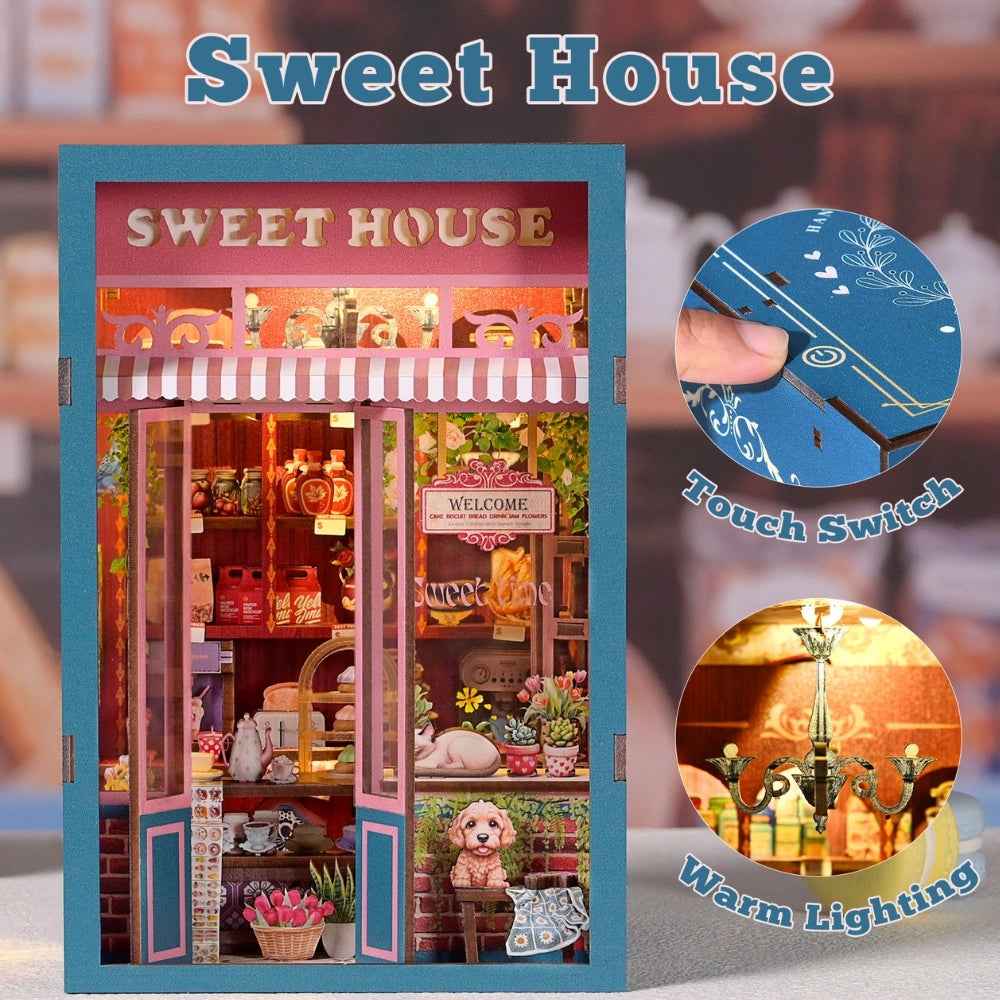 Sweet House book nook with close-ups of the touch switch and warm interior lighting.