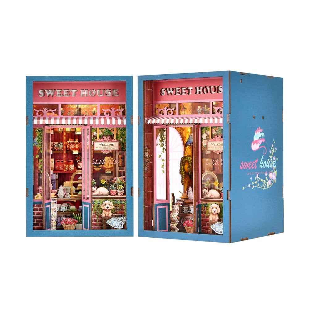 Sweet House bakery book nook shown from the front and side.