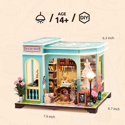 Tailor Shop dimension diagram with a complete view of the turquoise storefront.