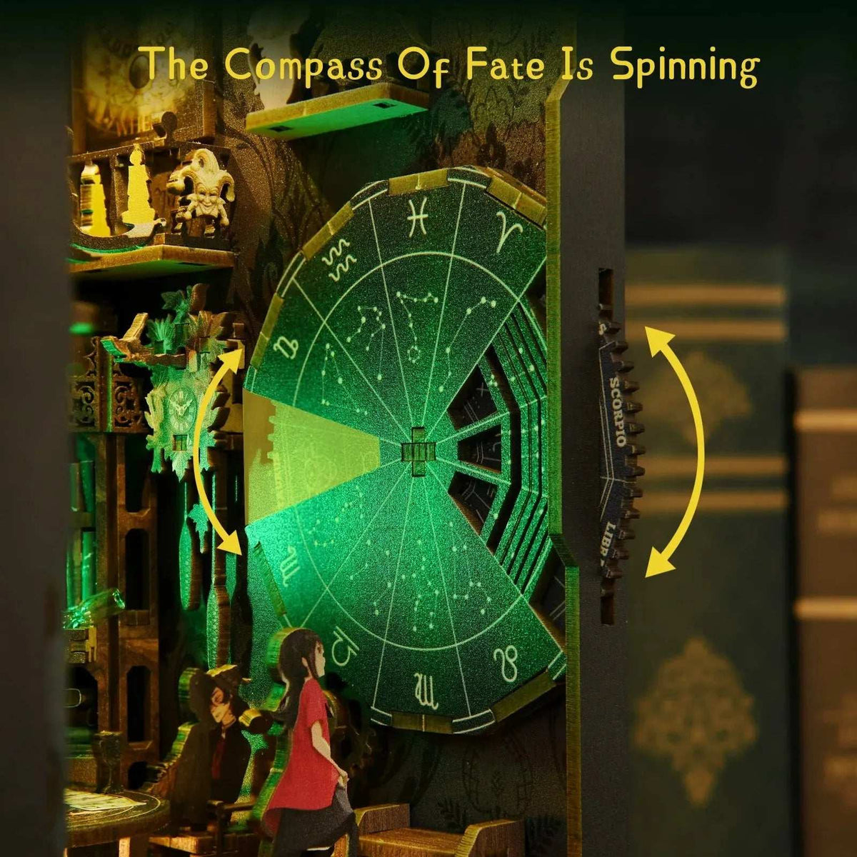 Close-up of the green zodiac wheel inside Tarot Divination Society with a rotation arrow.