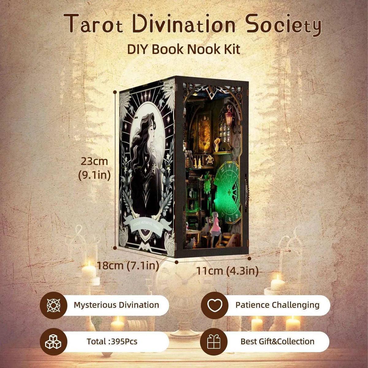 Tarot Divination Society book nook dimension diagram against an illustrated background.