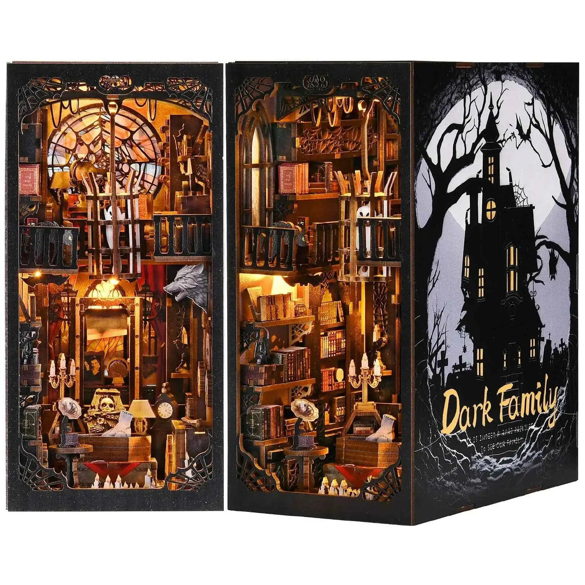 The Dark Family book nook from two angles, showing its Gothic interior and haunted-house cover.