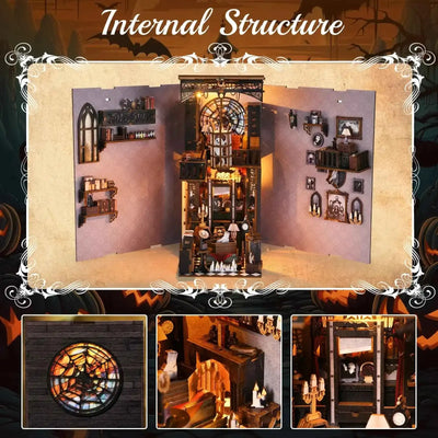 The Dark Family opened side panels revealing portraits, Gothic furnishings and a circular window.