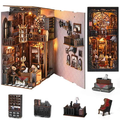 The Dark Family opened interior with miniature books, chair and cabinet pictured below.