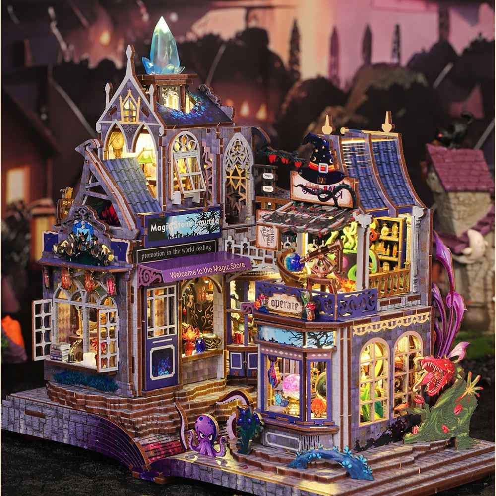 The Gate of the Secret Realm miniature fantasy shop with purple trim, towers and bright window displays.